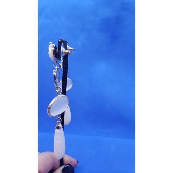 Vintage Earrings Long Dangle Genuine Pearl Selenite & Lucite Gold Toned Pierced - Picture 5 of 14